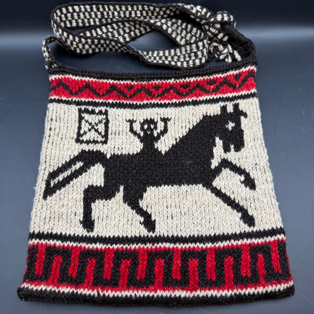 Vtg Hand Knit Wool Horse Rider Crossbody Bag Women Folk Art Boho Equestrian OOAK